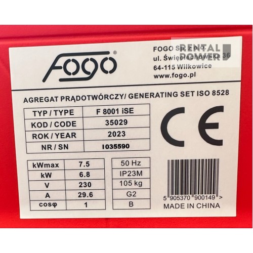 Інверторний генератор бензиновий FOGO F8001ISA (6,8 кВт)
