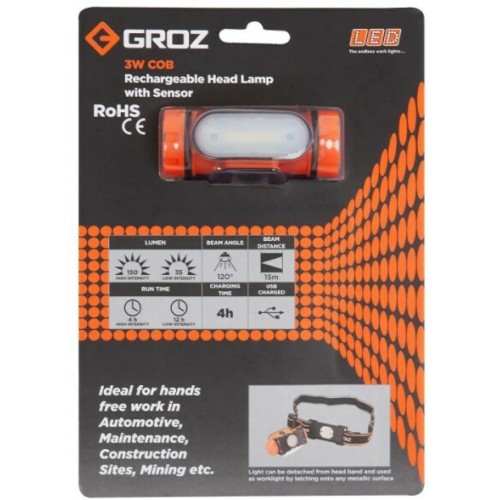 Ліхтарик налобний акумуляторний LED-220, 3W COB, 150 люмен Groz 55052