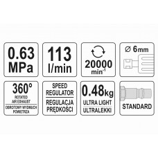 Шліфмашина пневматична кутова YATO 1/4" 20000 об/хв 113 л/хв