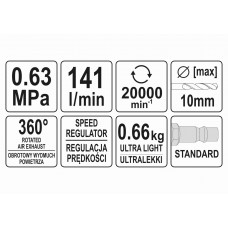 Дриль прямий пневматичний YATO 1/4" 10 мм 20000 об/хв 113 л/хв