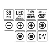 Викрутка акумуляторна з набором біт YATO Li-Ion 3.6В 450 мАгод LED-підсвітка HEX-1/4" 39 шт + кейс