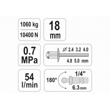 Пневмозаклепочник YATO для заклепок 2.4-5 мм 54 л/хв