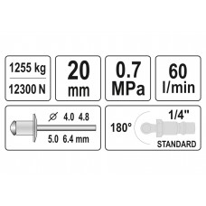 Пневмозаклепочник YATO для заклепок 4-6.4 мм 60 л/хв