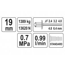 Пневмозаклепочник YATO для заклепок 2.4-6.4 мм 0.99 л/хв
