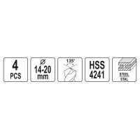 Набір свердл по металу YATO HSS 4241 Ø14-20 мм 75/150 мм до нержавіючої і конструкційної сталі 4 шт