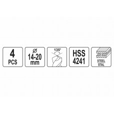 Набір свердл по металу YATO HSS 4241 Ø14-20 мм 75/150 мм до нержавіючої і конструкційної сталі 4 шт