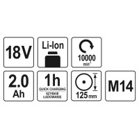 Шліфмашина кутова акумуляторна YATO Li-Ion 18 В 2 АГод